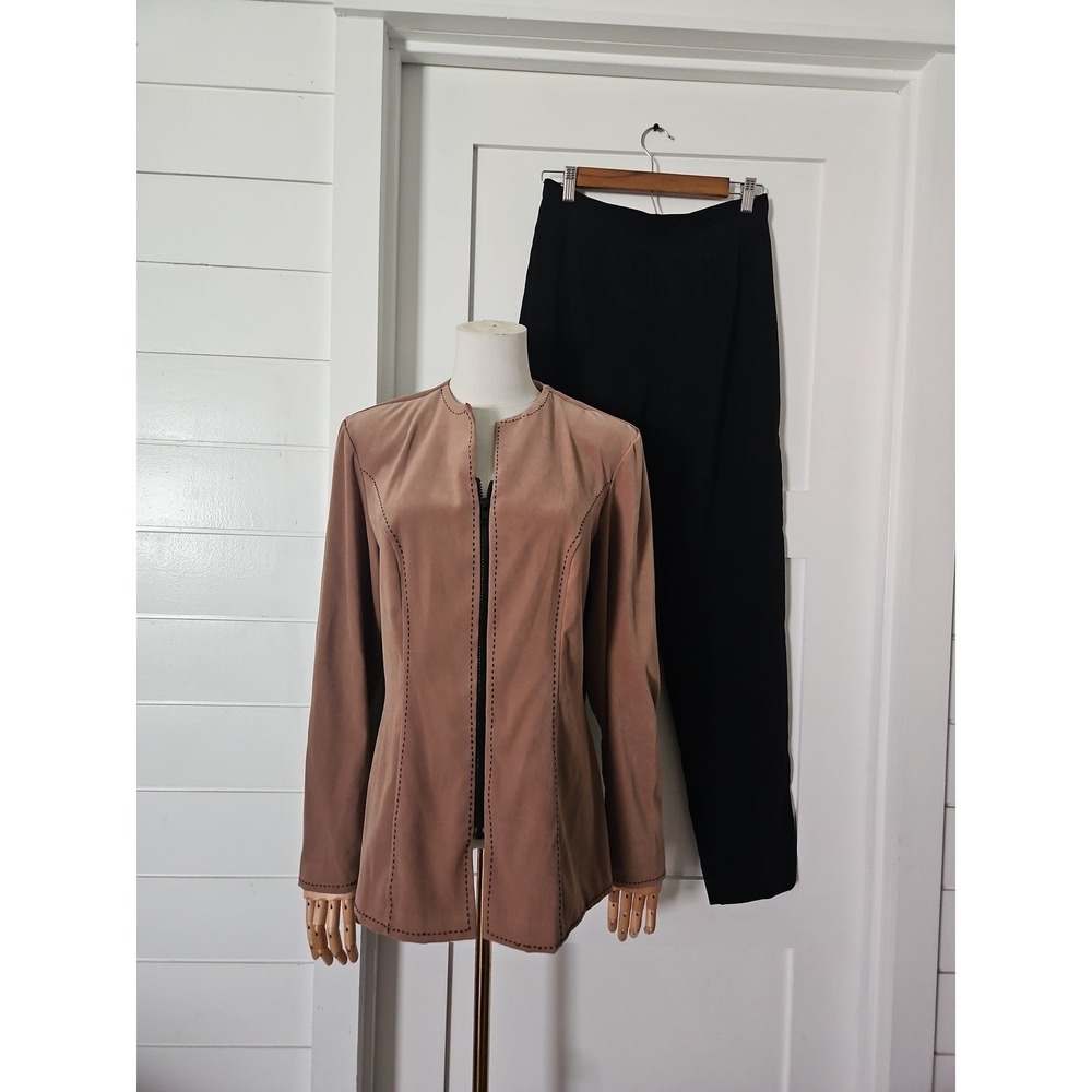 Dressbarn Womens Pant Suit Set Size 8 Tan Jacket Black Trousers Career Professio